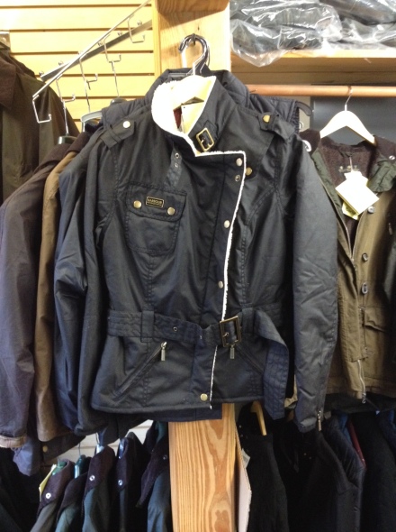 Waterproof waxed cotton motorcycle style Barbour coat.